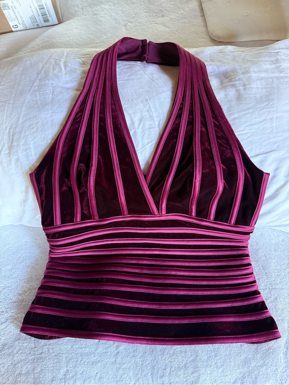 DKNY Plum Velvet & Satin Striped Halter Top